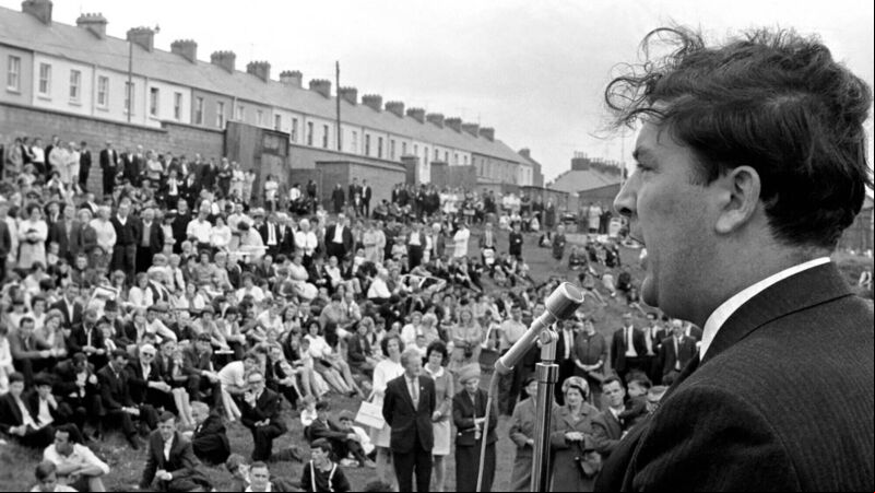 John Hume addresses the open air peace meeting in Londonderry, Northern Ireland following the violence at the Apperentic