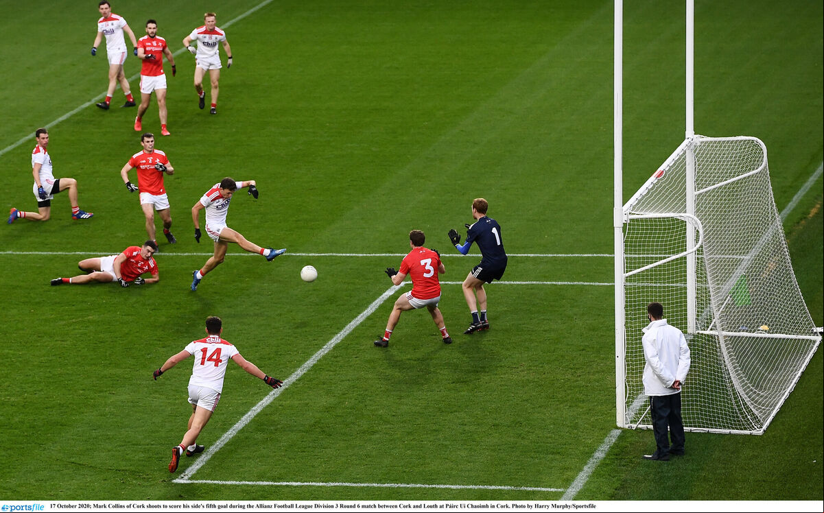 Cork's Mark Collins scores his side's fifth goal in the Allianz Football League Division 3 Round 6 match against Louth. It's great to see the intercounty matches back, but the GAA has to do more testing of its players if they are to continue their season through the pandemic restrictions. Picture: Harry Murphy/Sportsfile Cork's Mark Collins scores his side's fifth goal in the Allianz Football League Division 3 Round 6 match against Louth. It's great to see the intercounty matches back, but the GAA has to do more testing of its players if they are to continue their season through the pandemic restrictions. Picture: Harry Murphy/Sportsfile