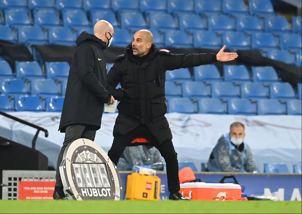 A frustrated Manchester City manager Pep Guardiola appeals to an official during the Premier League match against West Brom at the Etihad Stadium, Manchester on Tuesday.  Picture: Michael Regan/PA Wire