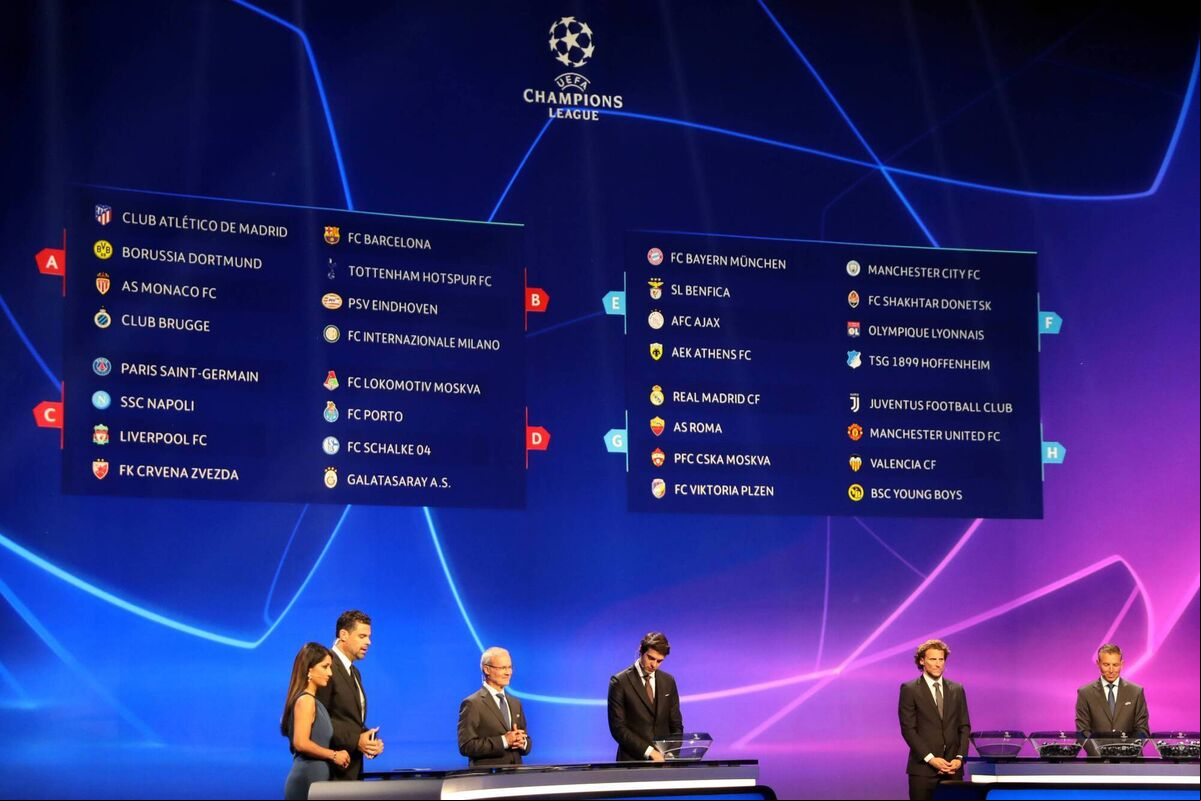A board displays the result of the draw for UEFA Champions League football tournament at The Grimaldi Forum in Monaco on August 30, 2018. Picture: Valery HACHE / AFP, Getty Images A board displays the result of the draw for UEFA Champions League football tournament at The Grimaldi Forum in Monaco on August 30, 2018. Picture: Valery HACHE / AFP, Getty Images