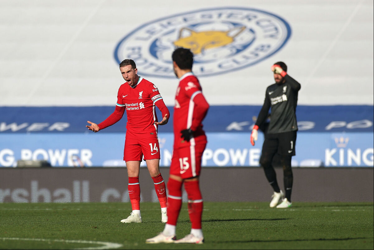 Liverpool captain Jordan Henderson shows his frustration during the Premier League match against Leicester. Liverpool may be struggling more from Henderson being out of position rather than Virgil van Dijk's absence through injury. Picture: Carl Recine/PA Wire Liverpool captain Jordan Henderson shows his frustration during the Premier League match against Leicester. Liverpool may be struggling more from Henderson being out of position rather than Virgil van Dijk's absence through injury. Picture: Carl Recine/PA Wire