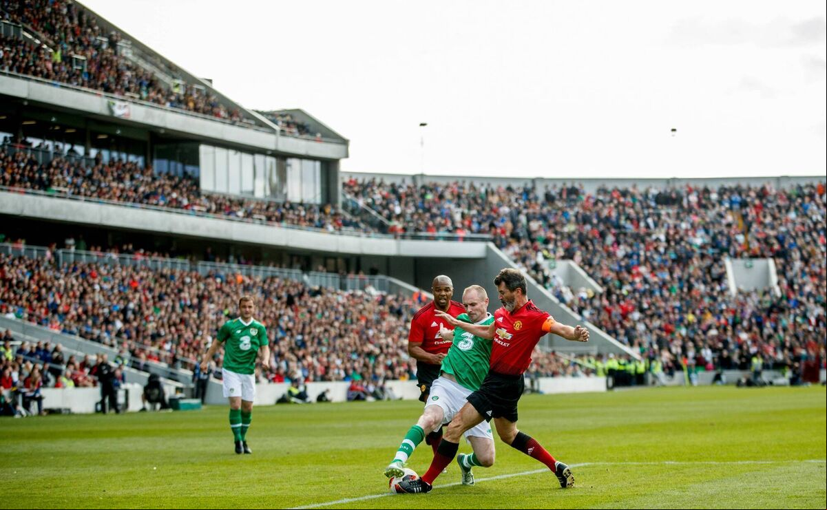 Celtic and Ireland's Colin Healy against Roy Keane of Manchester United at the Liam Miller Tribute Match in Páirc Uí Chaoimh back in 2018. Will a successful World Cup bid see soccer back in Páirc Uí Chaoimh? Picture: INPHO/James Crombie Celtic and Ireland's Colin Healy against Roy Keane of Manchester United at the Liam Miller Tribute Match in Páirc Uí Chaoimh back in 2018. Will a successful World Cup bid see soccer back in Páirc Uí Chaoimh? Picture: INPHO/James Crombie