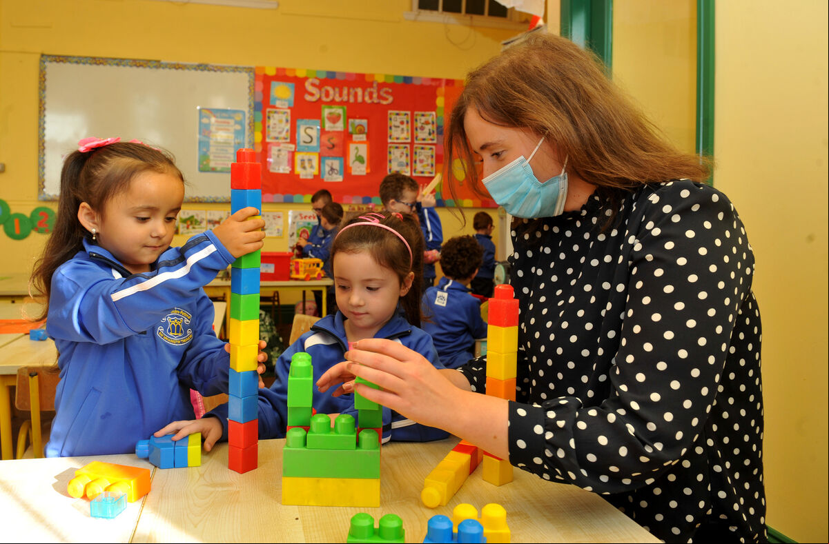 Teacher Ms Caroline Connolly with junior infant pupils Laura Maria Randhawa and Lauren Daly enjoy building brick towers at Scoil Mhuire Fatima North Monastery Primary School, Cork. It is the first time since the school was established in 1811 that girls have attended the primary school. Teacher Ms Caroline Connolly with junior infant pupils Laura Maria Randhawa and Lauren Daly enjoy building brick towers at Scoil Mhuire Fatima North Monastery Primary School, Cork. It is the first time since the school was established in 1811 that girls have attended the primary school.