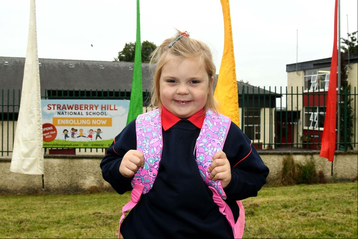 Maisie Harris arriving on the first day in school on the opening day of the new co-educational Strawberry Hill N.S. Picture Denis Minihane. Maisie Harris arriving on the first day in school on the opening day of the new co-educational Strawberry Hill N.S. Picture Denis Minihane.