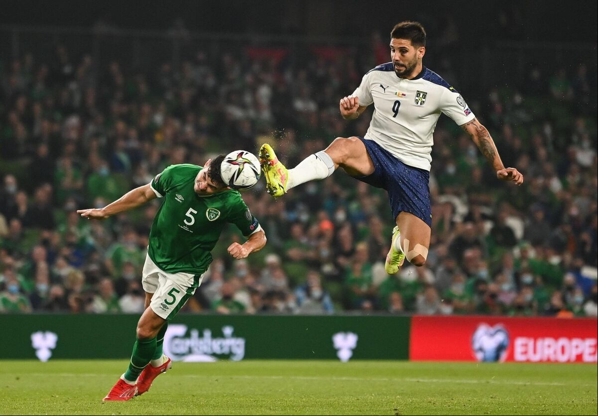 John Egan of Republic of Ireland in action against Aleksandar Mitrovic of Serbia. Picture: Harry Murphy/Sportsfile John Egan of Republic of Ireland in action against Aleksandar Mitrovic of Serbia. Picture: Harry Murphy/Sportsfile