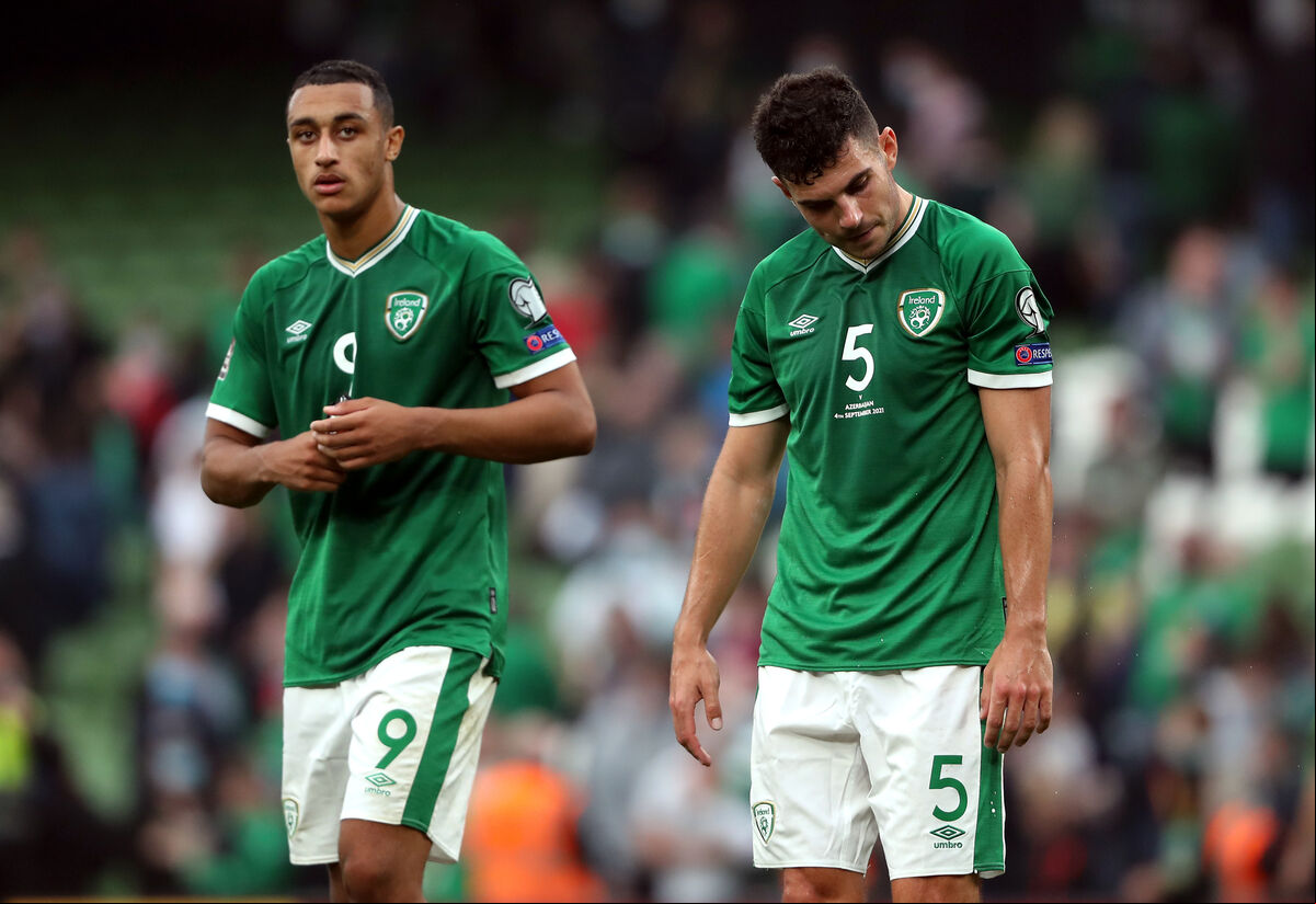 Ireland's John Egan and Adam Idah (left) appear dejected after the 2022 FIFA World Cup Qualifying match against Azerbaijan at the Aviva Stadium, Dublin. Ireland's John Egan and Adam Idah (left) appear dejected after the 2022 FIFA World Cup Qualifying match against Azerbaijan at the Aviva Stadium, Dublin.