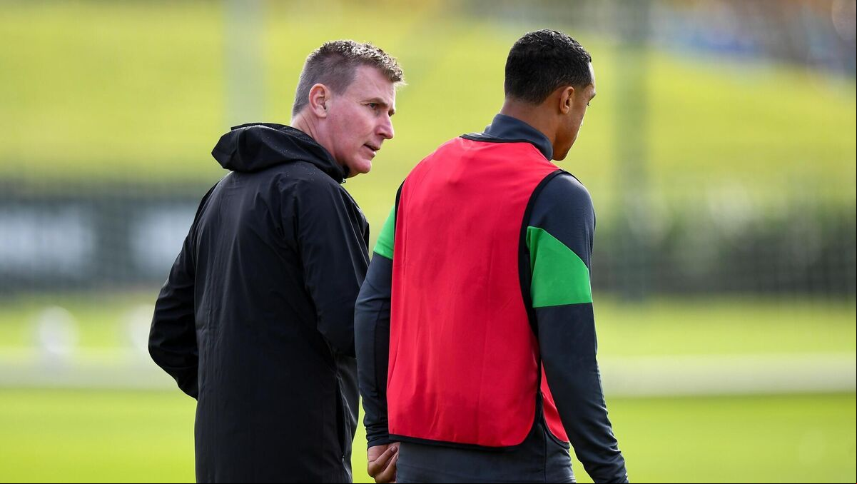 Irish manager Stephen Kenny talks with Adam Idah during Irish squad training at the FAI National Training Centre in Abbotstown in Dublin ahead of Saturday's match. Picture: Stephen McCarthy/Sportsfile Irish manager Stephen Kenny talks with Adam Idah during Irish squad training at the FAI National Training Centre in Abbotstown in Dublin ahead of Saturday's match. Picture: Stephen McCarthy/Sportsfile