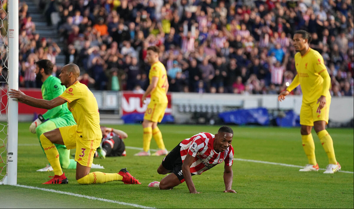 Brentford's Ethan Pinnock celebrates scoring against Liverpool at Brentford Community Stadium, London. Picture: Adam Davy/PA Wire. Brentford's Ethan Pinnock celebrates scoring against Liverpool at Brentford Community Stadium, London. Picture: Adam Davy/PA Wire.