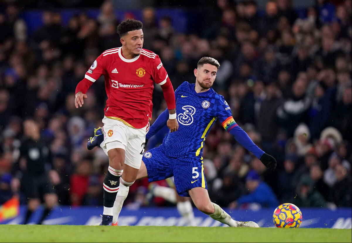 Manchester United's Jadon Sancho (left) beats Chelsea's Jorginho to go on and score their side's first goal of the game during the Premier League match at Stamford Bridge, London. Picture:Adam Davy/PA Wire. Manchester United's Jadon Sancho (left) beats Chelsea's Jorginho to go on and score their side's first goal of the game during the Premier League match at Stamford Bridge, London. Picture:Adam Davy/PA Wire.