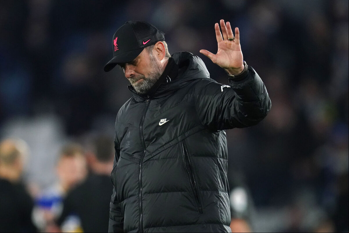 Liverpool manager Jurgen Klopp appears dejected after the Premier League defeat to Leicester ,at the King Power Stadium, Leicester. Picture: Nick Potts/PA Wire. Liverpool manager Jurgen Klopp appears dejected after the Premier League defeat to Leicester ,at the King Power Stadium, Leicester. Picture: Nick Potts/PA Wire.