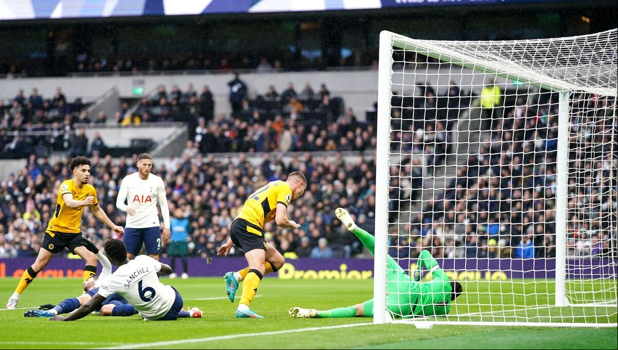 Wolverhampton Wanderers' Leander Dendoncker (centre) scores the side's second goal of the game during the Premier League match at the Tottenham Hotspur Stadium, London. Picture: John Walton/PA Wire Wolverhampton Wanderers' Leander Dendoncker (centre) scores the side's second goal of the game during the Premier League match at the Tottenham Hotspur Stadium, London. Picture: John Walton/PA Wire