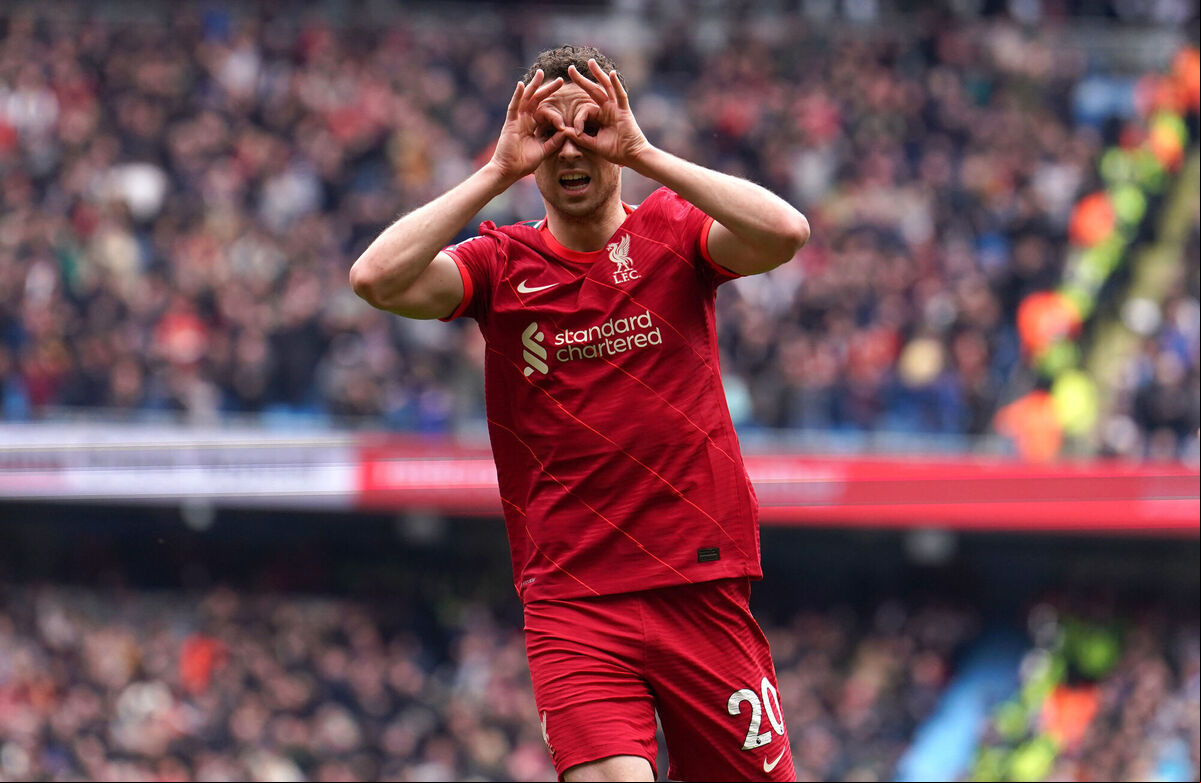 Liverpool's Diogo Jota celebrates scoring their side's first goal of the game during the Premier League match at the Etihad Stadium, Manchester. Picture: Martin Rickett/PA Wire. Liverpool's Diogo Jota celebrates scoring their side's first goal of the game during the Premier League match at the Etihad Stadium, Manchester. Picture: Martin Rickett/PA Wire.