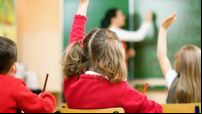 Children Raising Hands In Class, Rear View