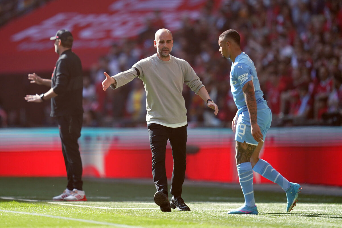Manchester City manager Pep Guardiola on the touchline with Gabriel Jesus during the Emirates FA Cup semi-final match at Wembley. Manchester City manager Pep Guardiola on the touchline with Gabriel Jesus during the Emirates FA Cup semi-final match at Wembley.