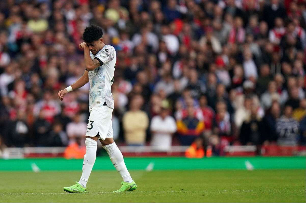 Liverpool's Luis Diaz leaves the pitch after picking up an injury during the Premier League match at the Emirates Stadium, London. Picture: Adam Davy/PA Wire. Liverpool's Luis Diaz leaves the pitch after picking up an injury during the Premier League match at the Emirates Stadium, London. Picture: Adam Davy/PA Wire.