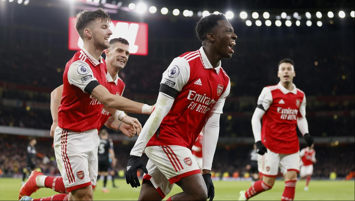 Arsenal's Eddie Nketiah celebrates scoring the side's third goal of the game during the Premier League match at the Emirates Stadium, London. Arsenal's Eddie Nketiah celebrates scoring the side's third goal of the game during the Premier League match at the Emirates Stadium, London.