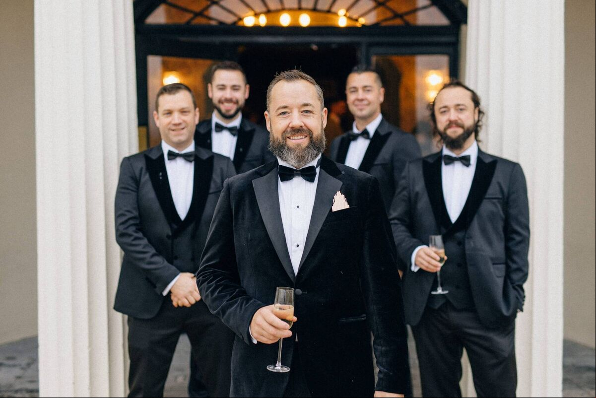 The groom and his bestman and groomsmen. The groom and his bestman and groomsmen.