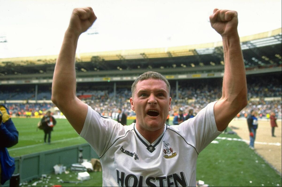 Tottenham Hotspur's Paul Gascoigne celebrates their win after the FA Cup semi-final against Arsenal at Wembley Stadium in London. Picture: Simon Bruty/Allsport Tottenham Hotspur's Paul Gascoigne celebrates their win after the FA Cup semi-final against Arsenal at Wembley Stadium in London. Picture: Simon Bruty/Allsport