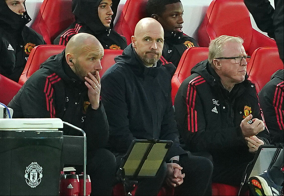 Manchester United manager Erik ten Hag (centre) looks frustrated during the Premier League match at Anfield, Liverpool. Manchester United manager Erik ten Hag (centre) looks frustrated during the Premier League match at Anfield, Liverpool.