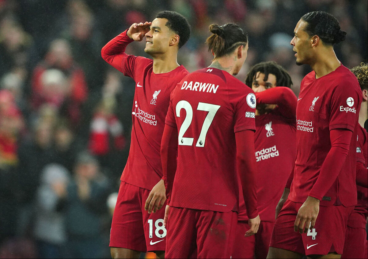 Liverpool's Cody Gakpo (left) celebrates scoring their side's third of seven goals against Man United at Anfield, Liverpool. Picture: Peter Byrne/PA Wire. Liverpool's Cody Gakpo (left) celebrates scoring their side's third of seven goals against Man United at Anfield, Liverpool. Picture: Peter Byrne/PA Wire.