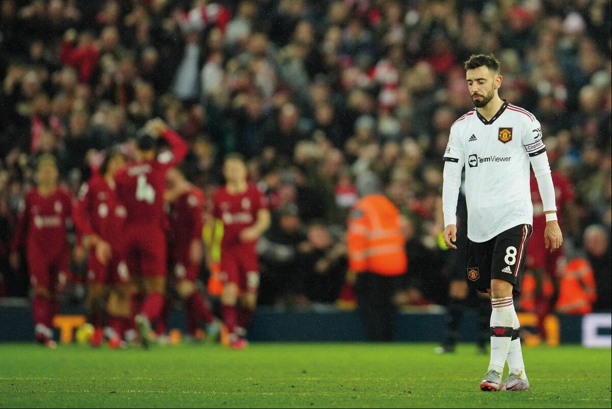Manchester United's Bruno Fernandes reacts after Liverpool's Darwin Nunez scored his side's fifth goal during their Premier League match at Anfield in Liverpool, Picture: Photo/Jon Supe Manchester United's Bruno Fernandes reacts after Liverpool's Darwin Nunez scored his side's fifth goal during their Premier League match at Anfield in Liverpool, Picture: Photo/Jon Supe