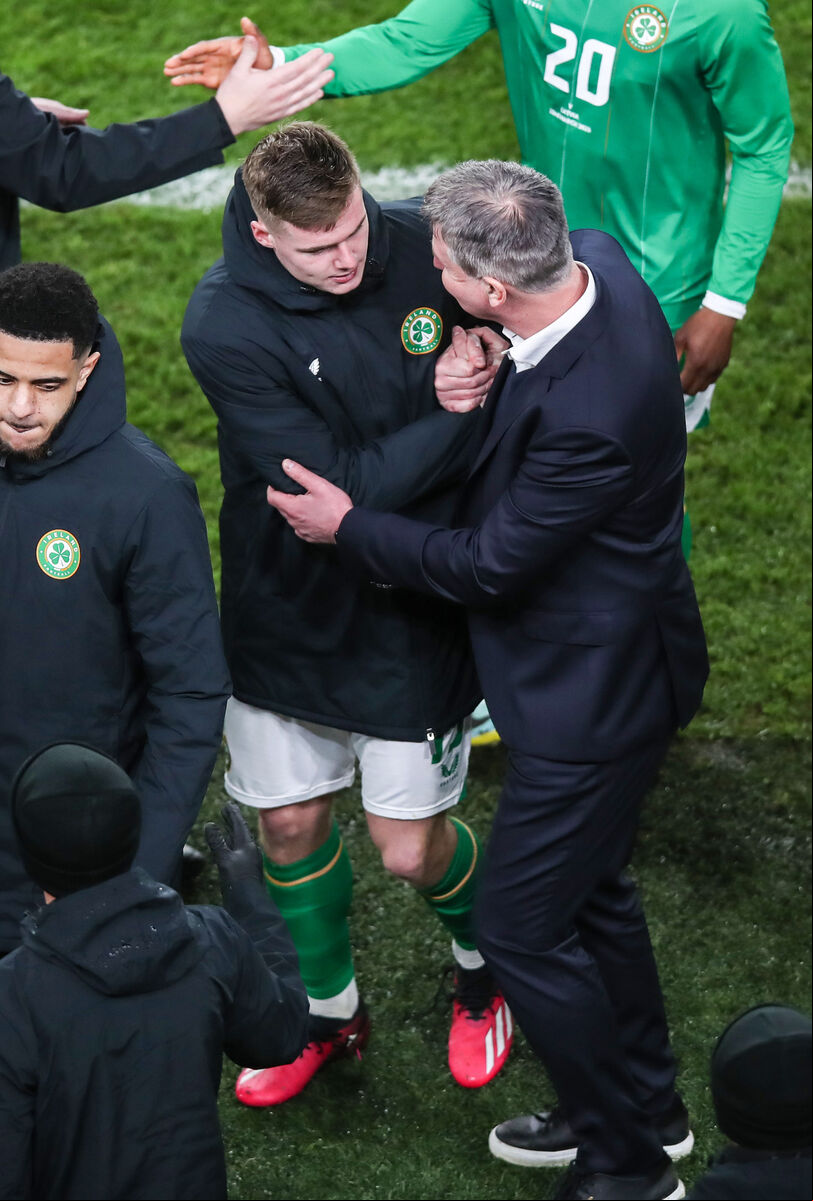 Ireland manager Stephen Kenny celebrates with Evan Ferguson after the Latvia game. Picture: INPHO/Evan Treacy Ireland manager Stephen Kenny celebrates with Evan Ferguson after the Latvia game. Picture: INPHO/Evan Treacy