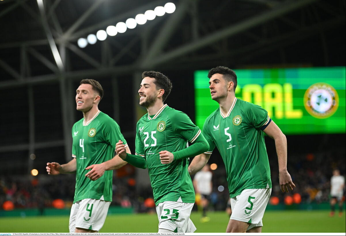 Irish players Dara O'Shea, Mikey Johnston and John Egan celebrate their side's third goal during the international friendly match against Latvia at Aviva Stadium in Dublin. Picture: Stephen McCarthy/Sportsfile Irish players Dara O'Shea, Mikey Johnston and John Egan celebrate their side's third goal during the international friendly match against Latvia at Aviva Stadium in Dublin. Picture: Stephen McCarthy/Sportsfile