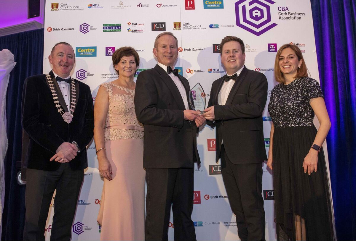 Best Cork Digital Business award (sponsored by Cork Airport) winners were HomeHak. From left: CBA President, Kevin Herlihy; Laura and Pat Drinan accepting the award from Barry Holland, Cork Airport. Best Cork Digital Business award (sponsored by Cork Airport) winners were HomeHak. From left: CBA President, Kevin Herlihy; Laura and Pat Drinan accepting the award from Barry Holland, Cork Airport.