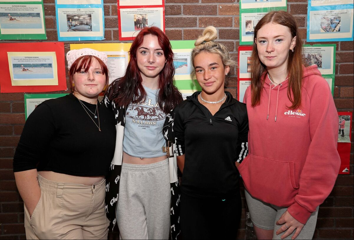 Leaving Certificate students, Sophie McAlavey, Megan Sheehan, Leah Cronin and Kady Varian. Start of the 2023 Leaving Certificate and Junior Cycle, at Mayfield Community School, Mayfield, Cork. Picture: Jim Coughlan. Leaving Certificate students, Sophie McAlavey, Megan Sheehan, Leah Cronin and Kady Varian. Start of the 2023 Leaving Certificate and Junior Cycle, at Mayfield Community School, Mayfield, Cork. Picture: Jim Coughlan.