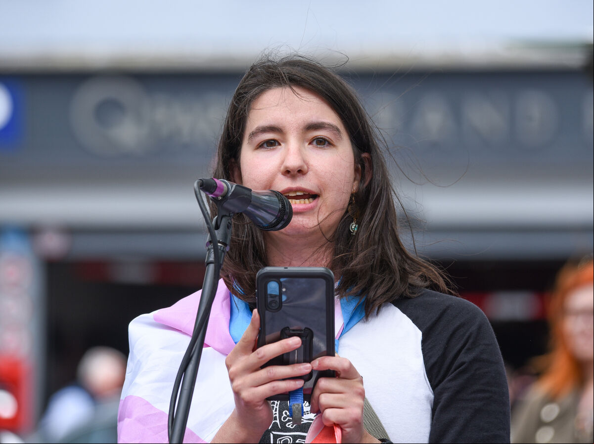 Miranda from Trans and Intersex Pride Dublin speaks to those in attendance at the Trans+ Pride Cork march. Picture: Cian O'Regan. Miranda from Trans and Intersex Pride Dublin speaks to those in attendance at the Trans+ Pride Cork march. Picture: Cian O'Regan.