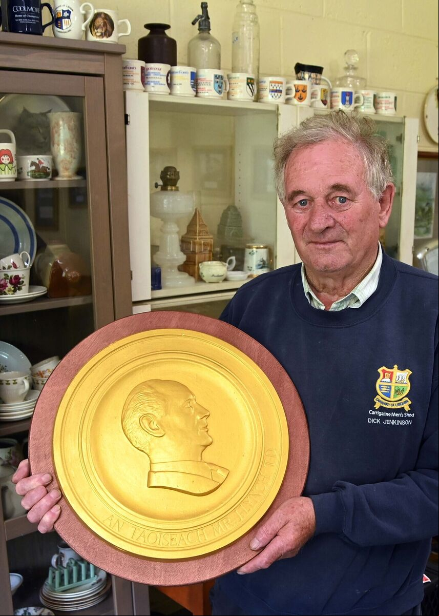 Dick Jenkinson, vice-chairman, with a restored plaque featuring Jack Lynch at Carrigaline Men's Shed. Picture Denis Minihane. Dick Jenkinson, vice-chairman, with a restored plaque featuring Jack Lynch at Carrigaline Men's Shed. Picture Denis Minihane.
