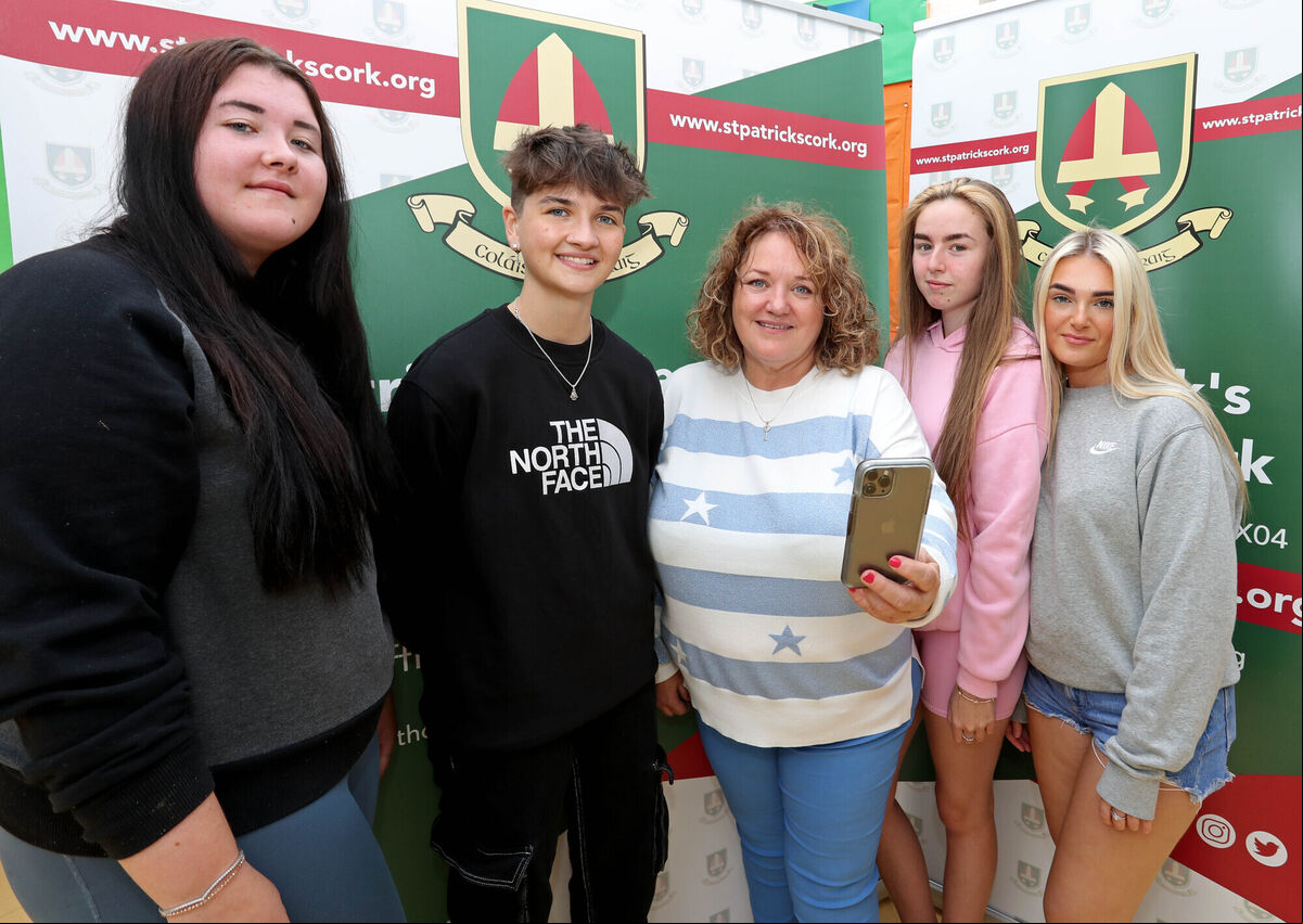 June McCarthy, LCA Coordinator with Sidney Kelly Collins, Sarah Porter, Kayleigh O'Donoghue and Sophie Hennessy, all reveived Leaving Cert Applied distinctions. 2023 Leaving Certificate results at St. Patrick's Girls College, Gardiners Hill, Cork. Picture: Jim Coughlan. June McCarthy, LCA Coordinator with Sidney Kelly Collins, Sarah Porter, Kayleigh O'Donoghue and Sophie Hennessy, all reveived Leaving Cert Applied distinctions. 2023 Leaving Certificate results at St. Patrick's Girls College, Gardiners Hill, Cork. Picture: Jim Coughlan.
