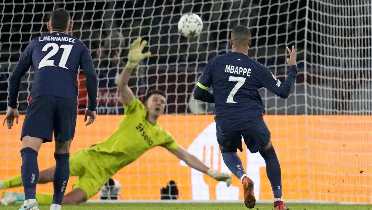 PSG's Kylian Mbappe, right, scores his side's goal from the penalty spot during the Champions League group F soccer match against Newcastle United at the Parc des Princes in Paris, Tuesday, Picture: AP Photo/Christophe Ena PSG's Kylian Mbappe, right, scores his side's goal from the penalty spot during the Champions League group F soccer match against Newcastle United at the Parc des Princes in Paris, Tuesday, Picture: AP Photo/Christophe Ena