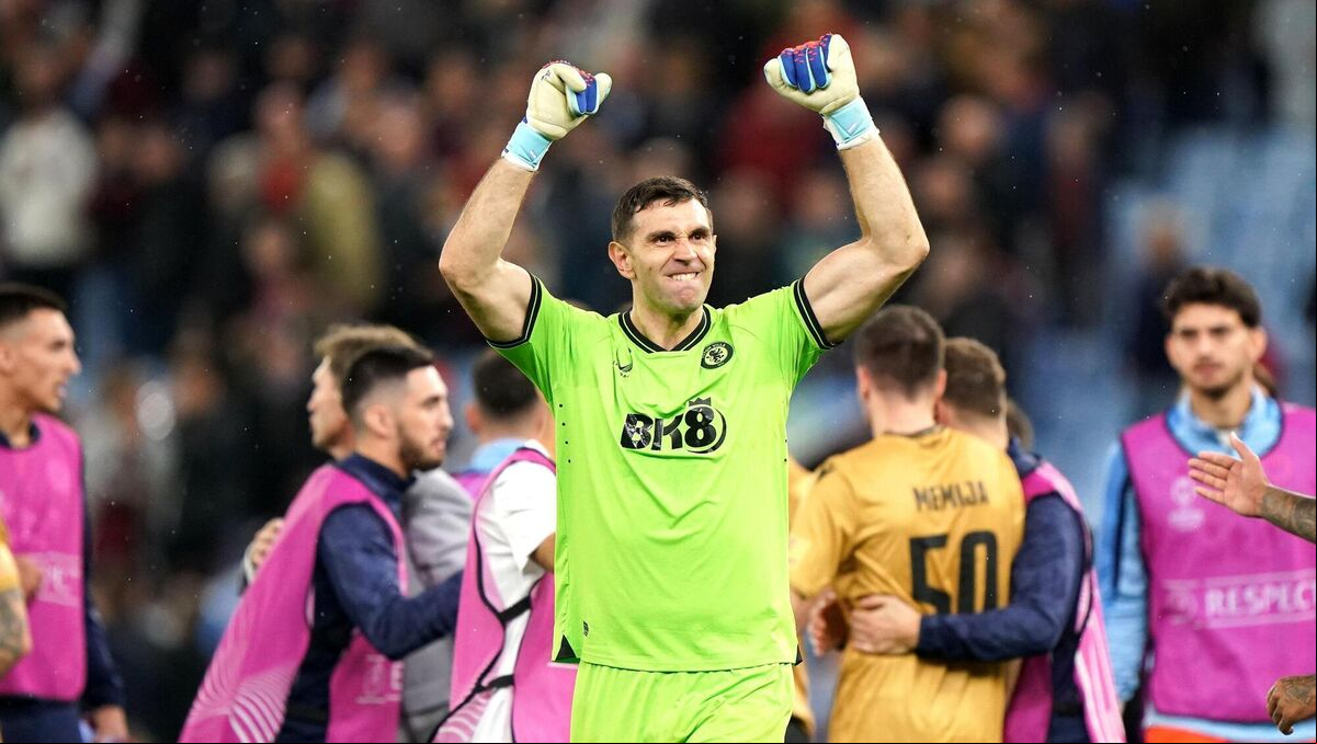 Aston Villa goalkeeper Emiliano Martinez celebrates after the final whistle in the UEFA Europa Conference League Group E match at Villa Park, Birmingham. Picture : Tim Goode/PA Wire Aston Villa goalkeeper Emiliano Martinez celebrates after the final whistle in the UEFA Europa Conference League Group E match at Villa Park, Birmingham. Picture : Tim Goode/PA Wire