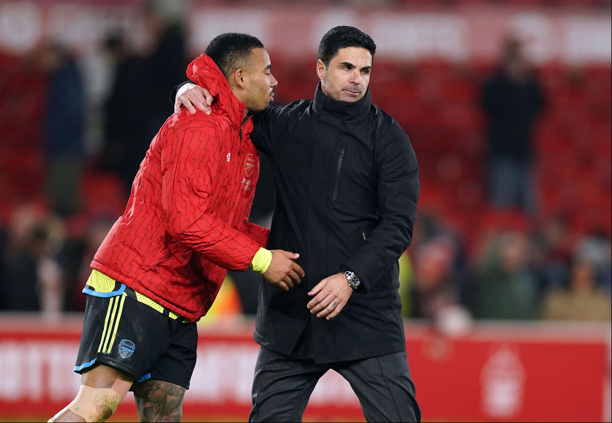 Arsenal manager Mikel Arteta with Gabriel Jesus (left) following the Premier League match win at the City Ground, Nottingham. Picture: Mike Egerton/PA Wire Arsenal manager Mikel Arteta with Gabriel Jesus (left) following the Premier League match win at the City Ground, Nottingham. Picture: Mike Egerton/PA Wire