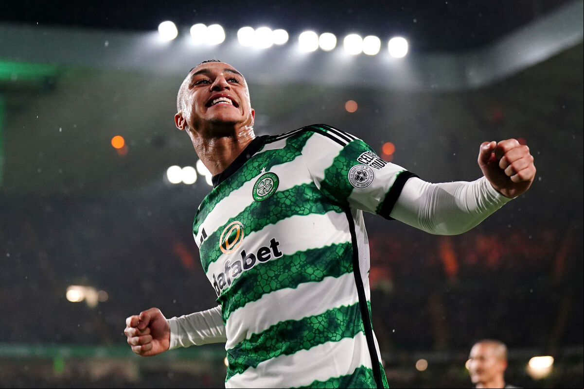 Celtic’s Adam Idah celebrates scoring the side's second goal of the game during the  Premiership match at Celtic Park, Glasgow. Picture: Jane Barlow/PA Wire.