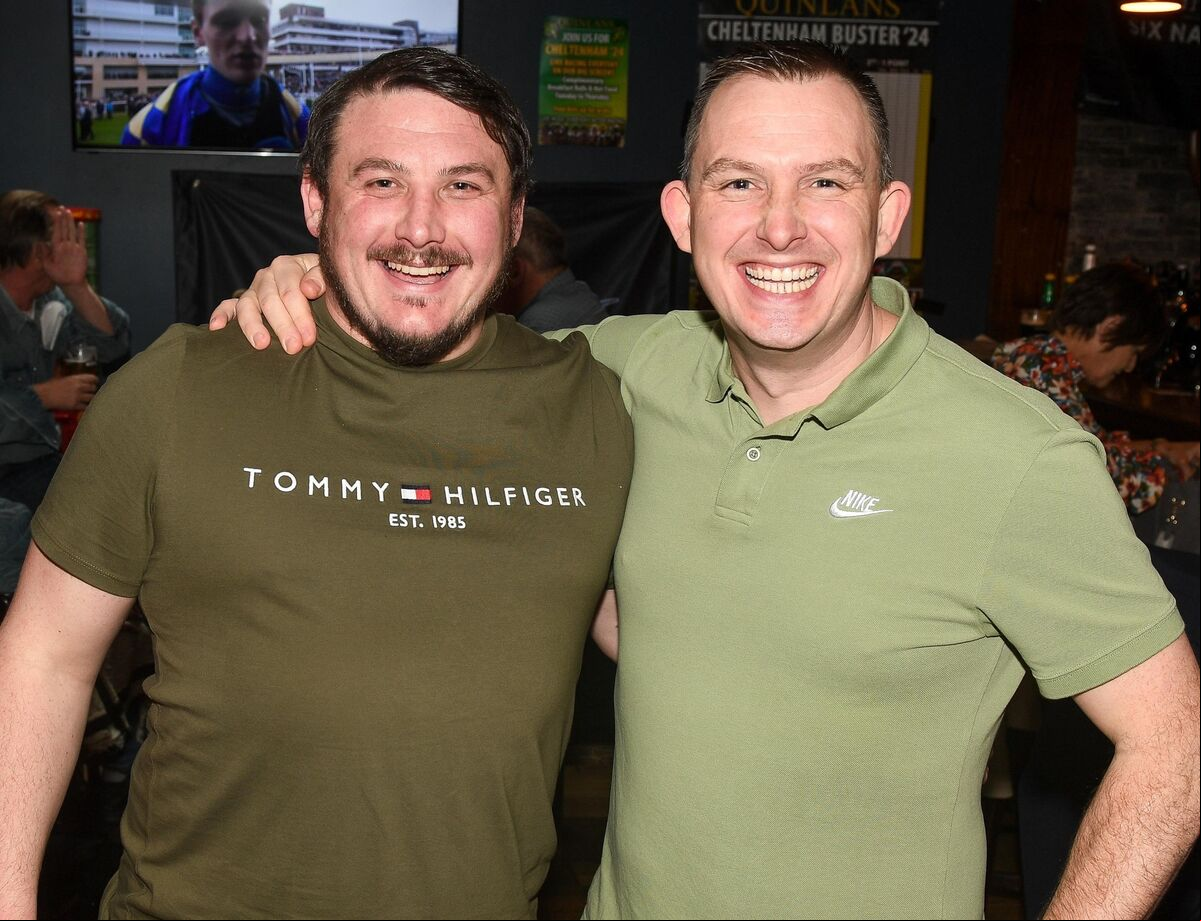 Shane Foley and Michael Kidney are all smiles during the Cheltenham racing action at Quinlan's Bar in Blackpool. Picture: David Keane. Shane Foley and Michael Kidney are all smiles during the Cheltenham racing action at Quinlan's Bar in Blackpool. Picture: David Keane.