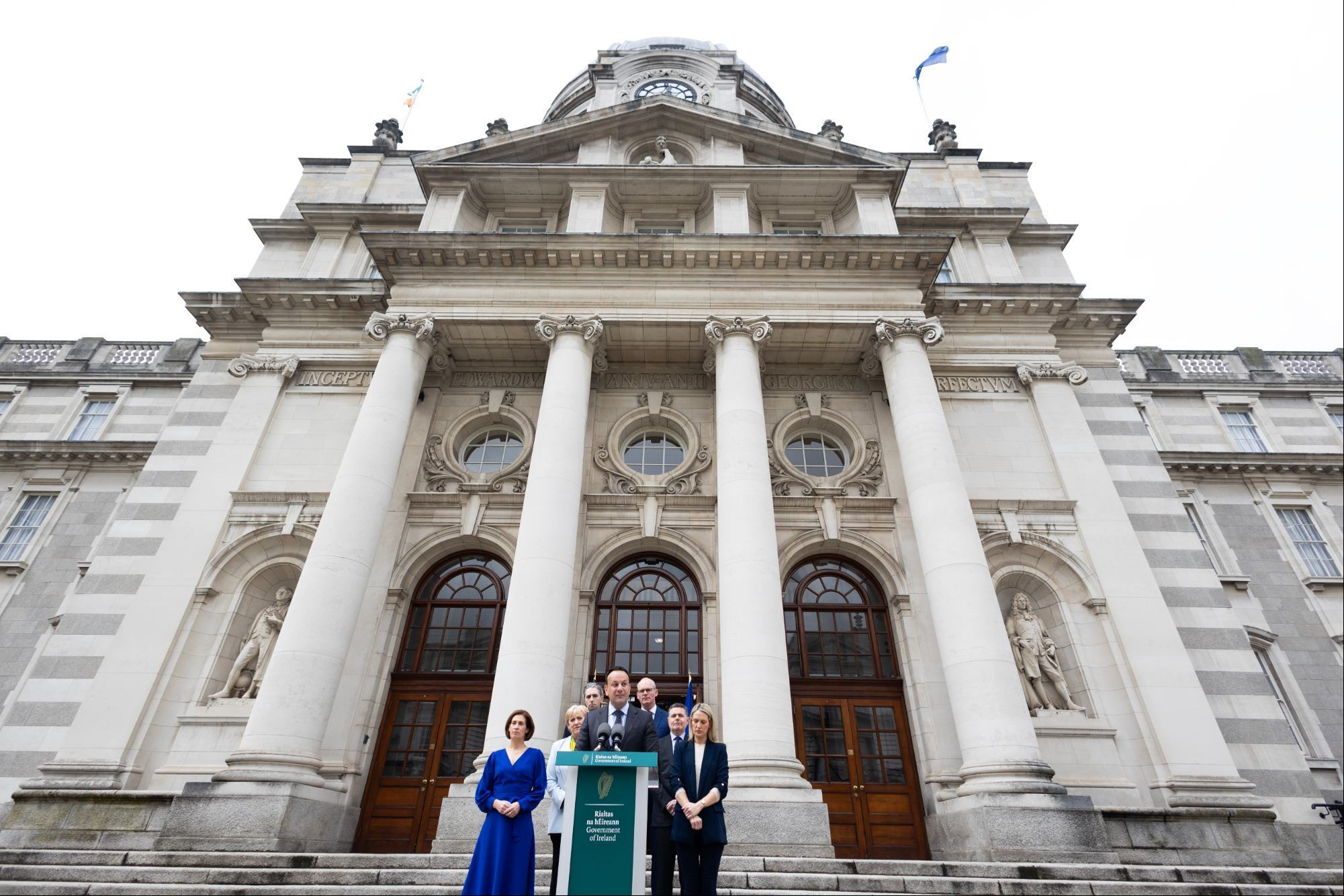 (Center) An Taoiseach Leo Varadkar TD resigns as Taoiseach and Leader Fine Gael on the steps of Government Buildings with his party colleagues , Simon Harris TD, Simon Coveney TD, Helen McEntee TD, Paschal O’Donoghue TD, Heather Humphries TD and Hildegarde Naughton TD. March, 2024.