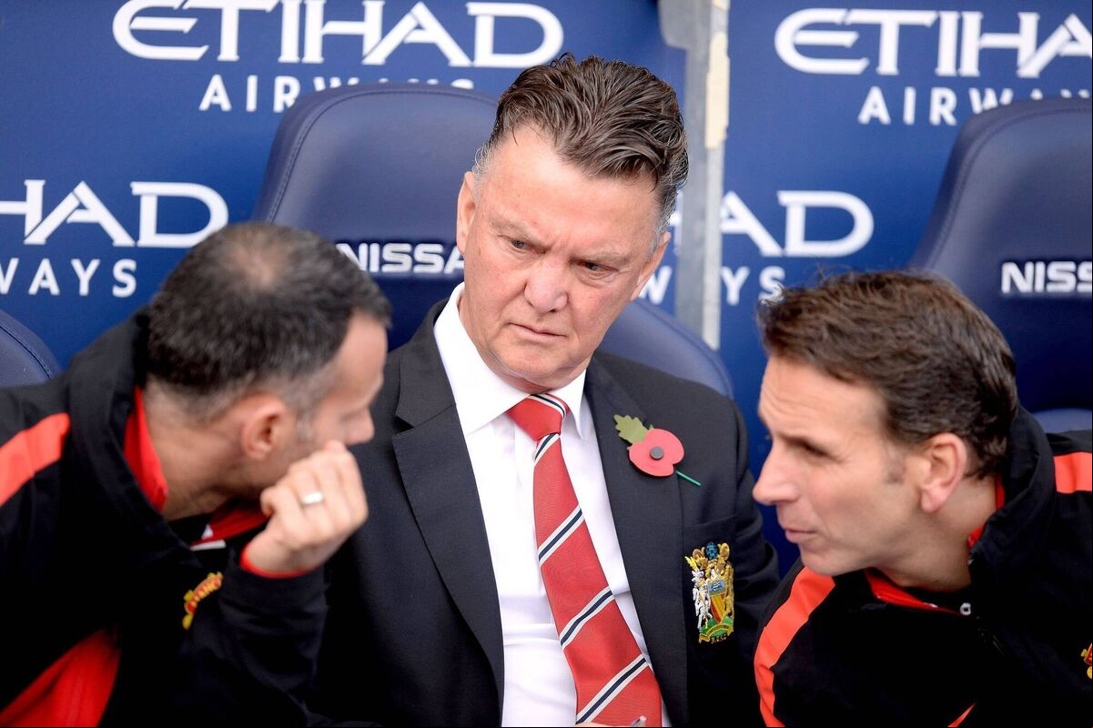 Manchester United manager Louis van Gaal (centre) with assistant manager Ryan Giggs (left) and assistant coach Albert Stuivenberg (right) during the Barclays Premier League match at the Etihad Stadium, Manchester. Picture: Martin Rickett/PA Wire Manchester United manager Louis van Gaal (centre) with assistant manager Ryan Giggs (left) and assistant coach Albert Stuivenberg (right) during the Barclays Premier League match at the Etihad Stadium, Manchester. Picture: Martin Rickett/PA Wire