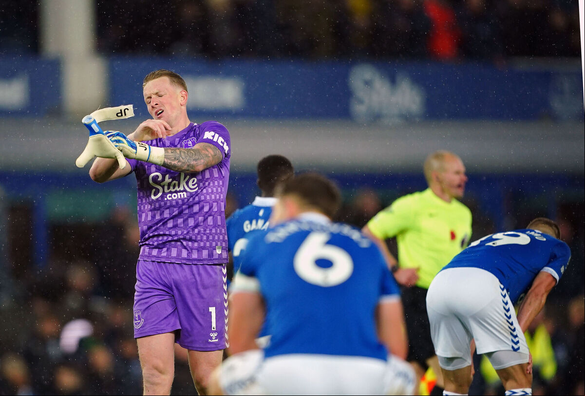 Everton goalkeeper Jordan Pickford reacts following the Premier League match at Goodison Park, Liverpool. Picture: Peter Byrne/PA Wire. Everton goalkeeper Jordan Pickford reacts following the Premier League match at Goodison Park, Liverpool. Picture: Peter Byrne/PA Wire.