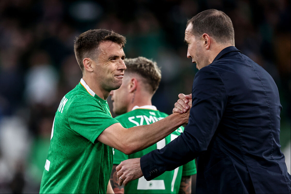 Ireland's Seamus Coleman celebrates after the final whistle with interim manager John O’Shea. Picture: INPHO/Ben Brady Ireland's Seamus Coleman celebrates after the final whistle with interim manager John O’Shea. Picture: INPHO/Ben Brady