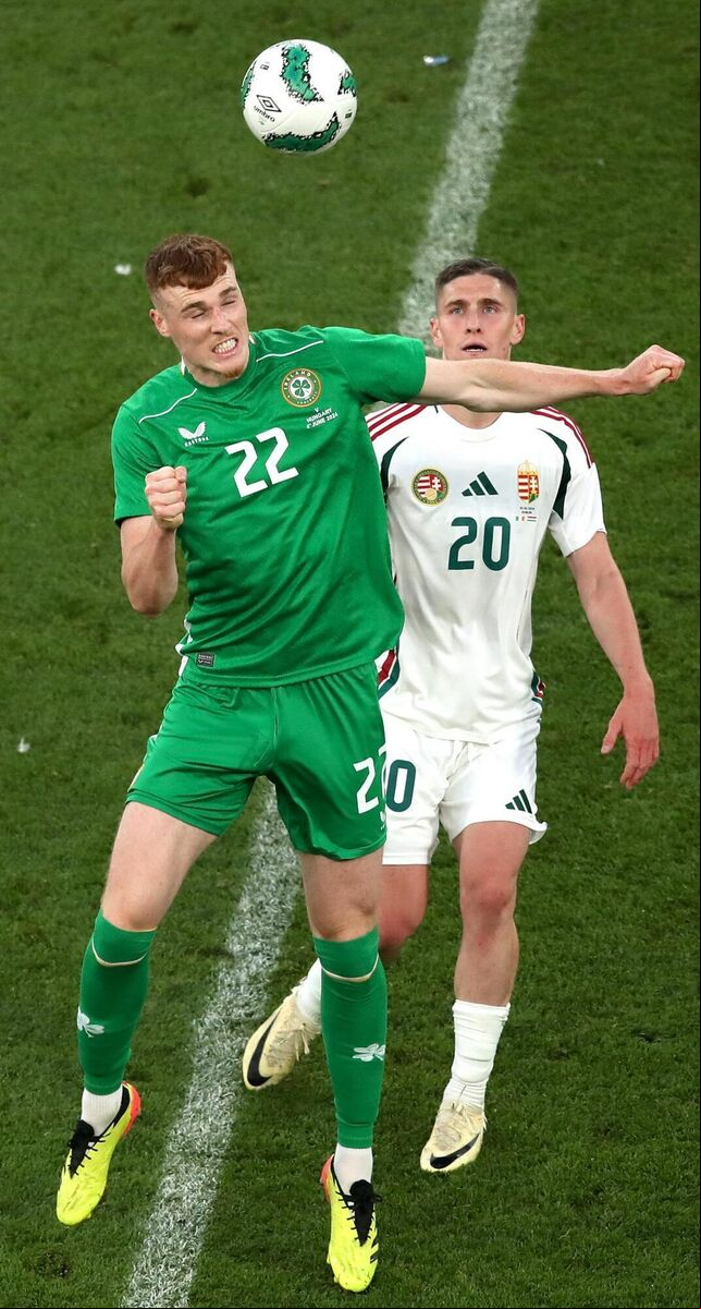 Jake O'Brien of Republic of Ireland in action against Roland Sallai of Hungary during the international friendly match at Aviva Stadium in Dublin. Picture: Michael P Ryan/Sportsfile Jake O'Brien of Republic of Ireland in action against Roland Sallai of Hungary during the international friendly match at Aviva Stadium in Dublin. Picture: Michael P Ryan/Sportsfile