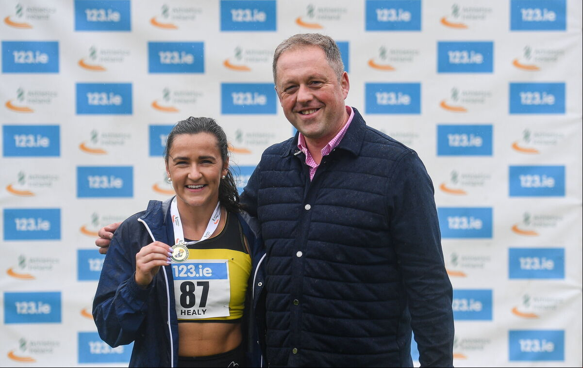 Phil Healy of Bandon AC, Cork, is presented with her gold medal by Minister of State for Sport, Physical Education, and the Gaeltacht, Thomas Byrne TD. Picture: Tyler Miller/Sportsfile Phil Healy of Bandon AC, Cork, is presented with her gold medal by Minister of State for Sport, Physical Education, and the Gaeltacht, Thomas Byrne TD. Picture: Tyler Miller/Sportsfile