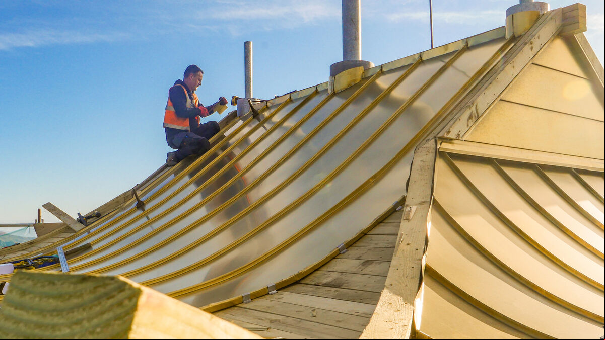 Olan Wycherly of of Wychbro Coppersmiths during the construction of the copper roofs at Dzogchen Beara in January 2022. Picture; Noel Sweeney
