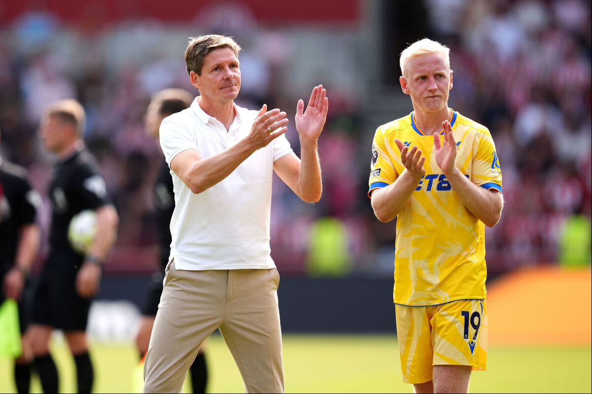 Crystal Palace manager Oliver Glasner (left) and player Will Hughes applaud the fans after the final whistle following defeat in the Premier League match at the Gtech Community Stadium, Brentford. Picture: John Walton/PA Wire. Crystal Palace manager Oliver Glasner (left) and player Will Hughes applaud the fans after the final whistle following defeat in the Premier League match at the Gtech Community Stadium, Brentford. Picture: John Walton/PA Wire.