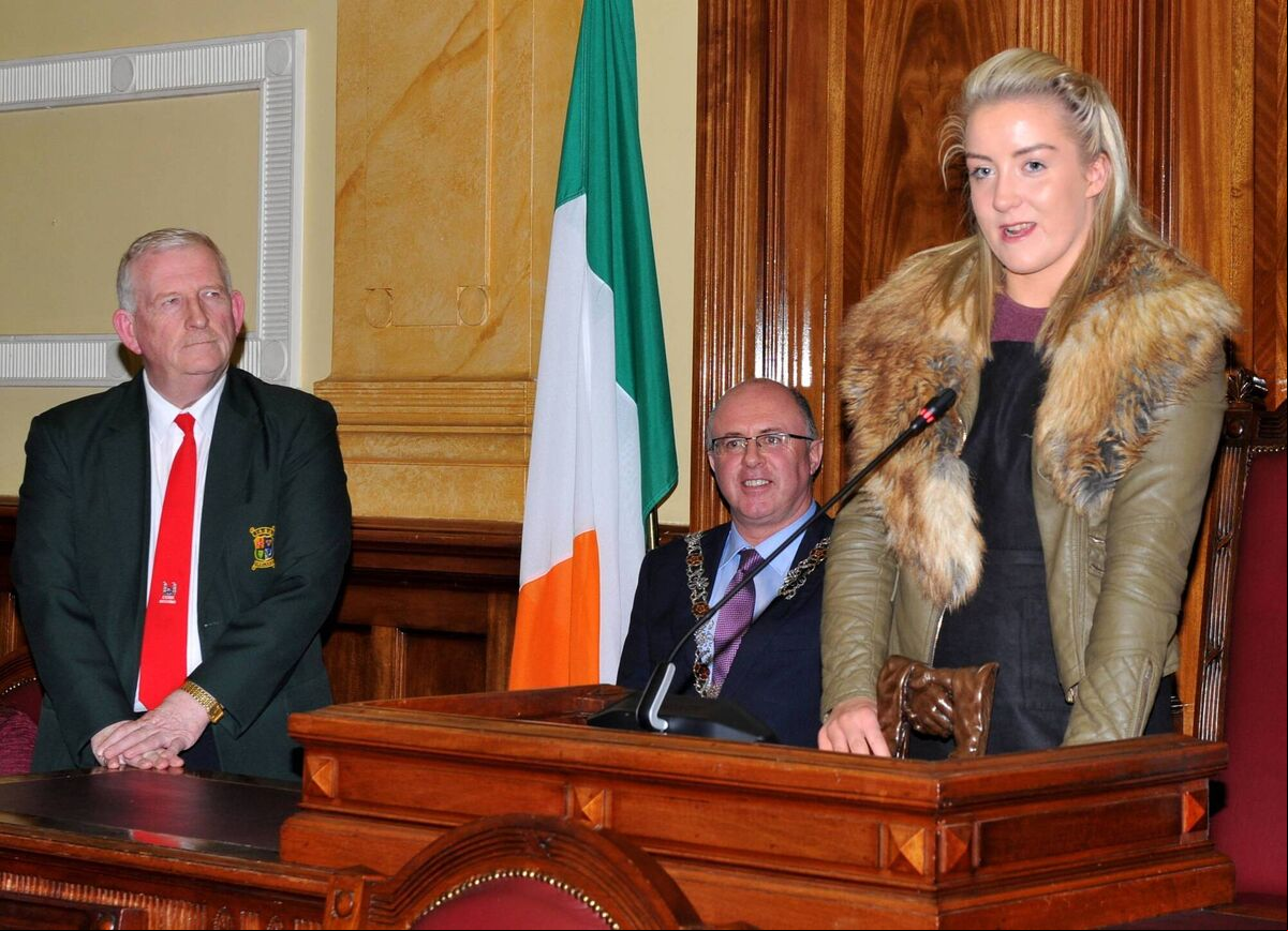 Christina Desmond speaking at a reception in her honour in Cork City Hall in 2017. Included are then Lord Mayor Cllr Joe Kavanagh and Michael O’Brien of the Cork County Boxing Board. Picture: Doug Minihane Christina Desmond speaking at a reception in her honour in Cork City Hall in 2017. Included are then Lord Mayor Cllr Joe Kavanagh and Michael O’Brien of the Cork County Boxing Board. Picture: Doug Minihane