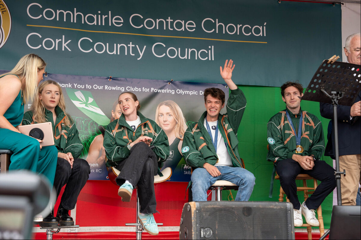 Paul O'Donovan, Fintan McCarthy, Emily Hegarty and Aoife Casey during the Olympic homecoming event in Skibbereen in Co. Cork. Picture: Noel Sweeney/PA Wire Paul O'Donovan, Fintan McCarthy, Emily Hegarty and Aoife Casey during the Olympic homecoming event in Skibbereen in Co. Cork. Picture: Noel Sweeney/PA Wire
