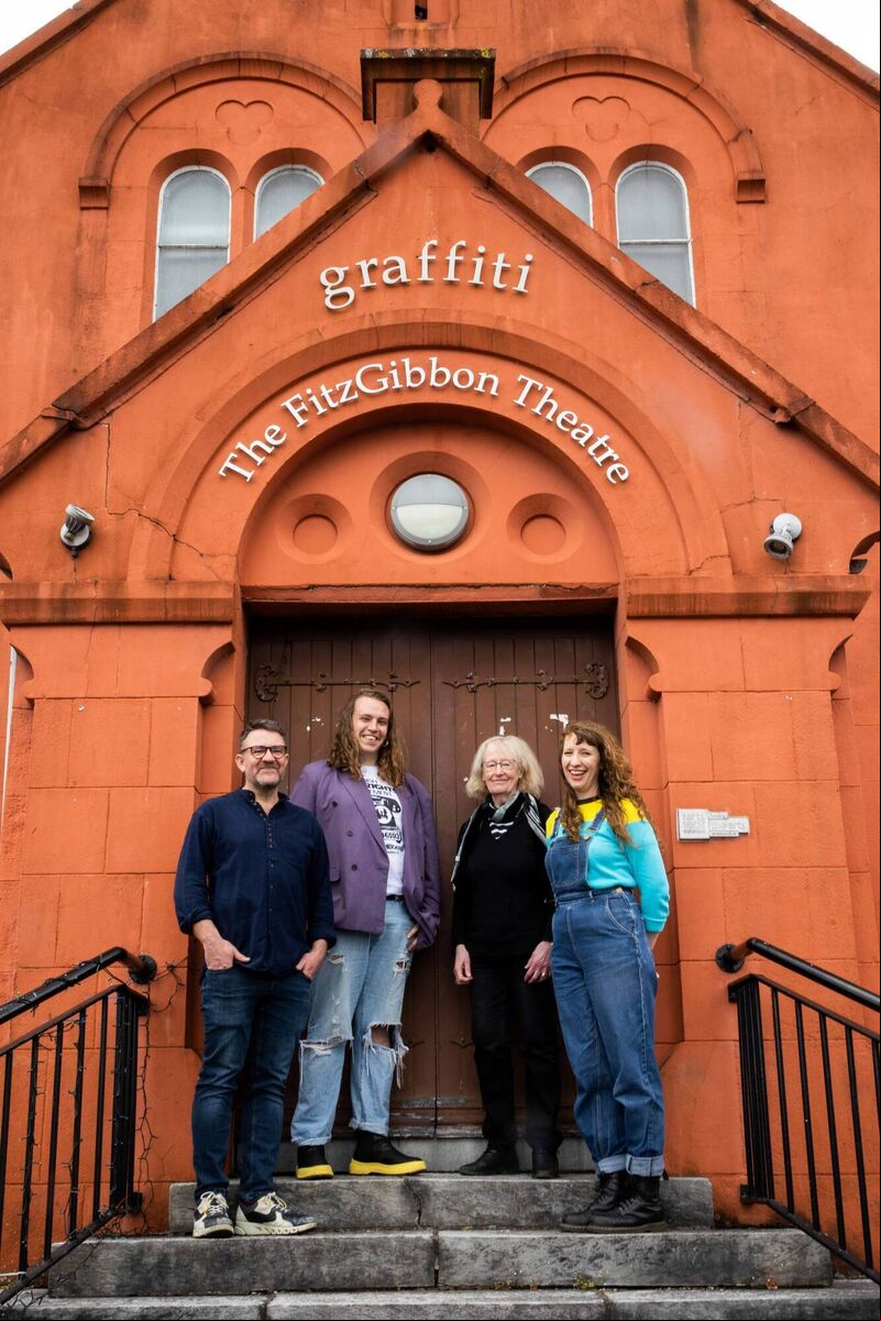 Niall Ceary with founder Emelie FitzGibbon of Graffiti with the ‘Emelie FitzGibbon Bursary’ recipients Em Ó Ceallaigh and Sian Ní Mhuirí Image by Clare Keogh Niall Ceary with founder Emelie FitzGibbon of Graffiti with the ‘Emelie FitzGibbon Bursary’ recipients Em Ó Ceallaigh and Sian Ní Mhuirí Image by Clare Keogh