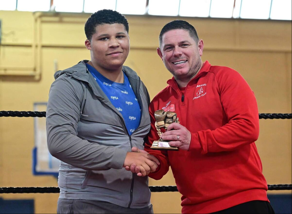Mayfield BC Tournament - Anthony McCarthy of the host club receiving the Boxer Of The Tournament award from Head Coach Brian Cronin following the Mayfield BC tournament at the Mayfield Sports Complex over the weekend. Picture: Doug Minihane Mayfield BC Tournament - Anthony McCarthy of the host club receiving the Boxer Of The Tournament award from Head Coach Brian Cronin following the Mayfield BC tournament at the Mayfield Sports Complex over the weekend. Picture: Doug Minihane