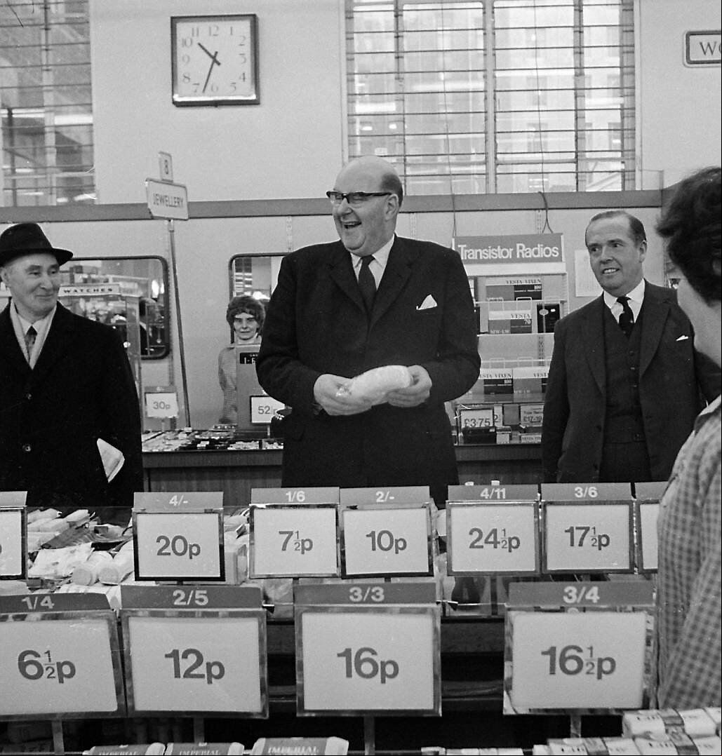 Lord Fiske, Chairman of the Decimal Currency Board in the UK, shopping at Woolworths in London on the first day of national decimalisation on February 15, 1971. Ireland went decimal on the same day. Picture: Dennis Oulds/Central Press/Getty Images Lord Fiske, Chairman of the Decimal Currency Board in the UK, shopping at Woolworths in London on the first day of national decimalisation on February 15, 1971. Ireland went decimal on the same day. Picture: Dennis Oulds/Central Press/Getty Images